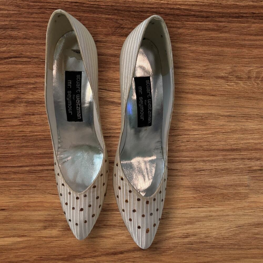 Vintage Cream Lather Stuart Weitzman for Mr. Seymour Wht w/Brown Stones 8AA